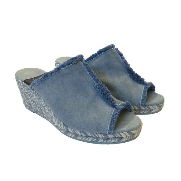 Giamo Denim Chambray Wedge Espadrille Sandals Womens 39 9 Blue Fringe Open Toe - Picture 5 of 11